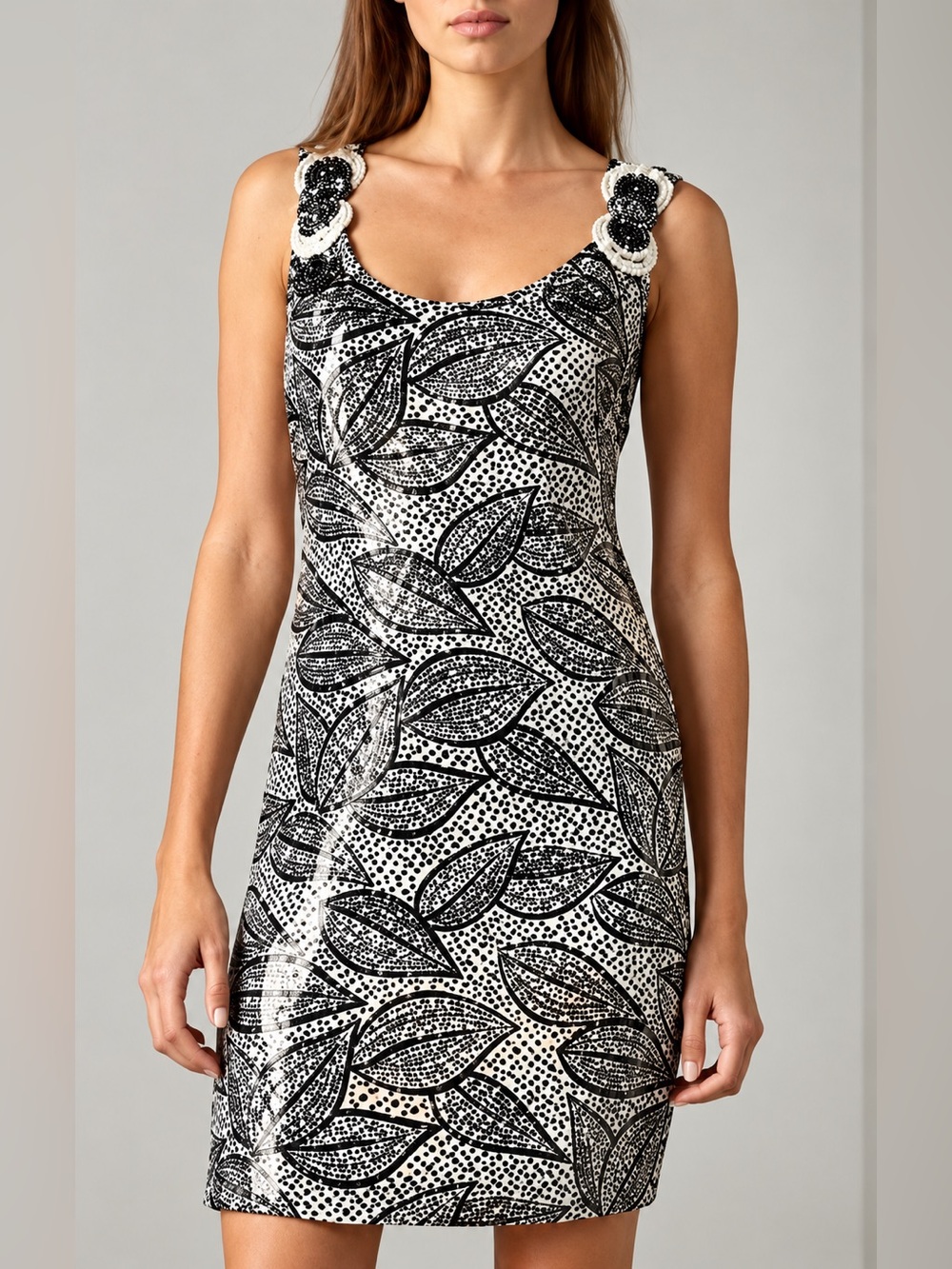 Tory Burch Silk Blend Black Leaf Print Beaded Strap Mini Dress Size 8